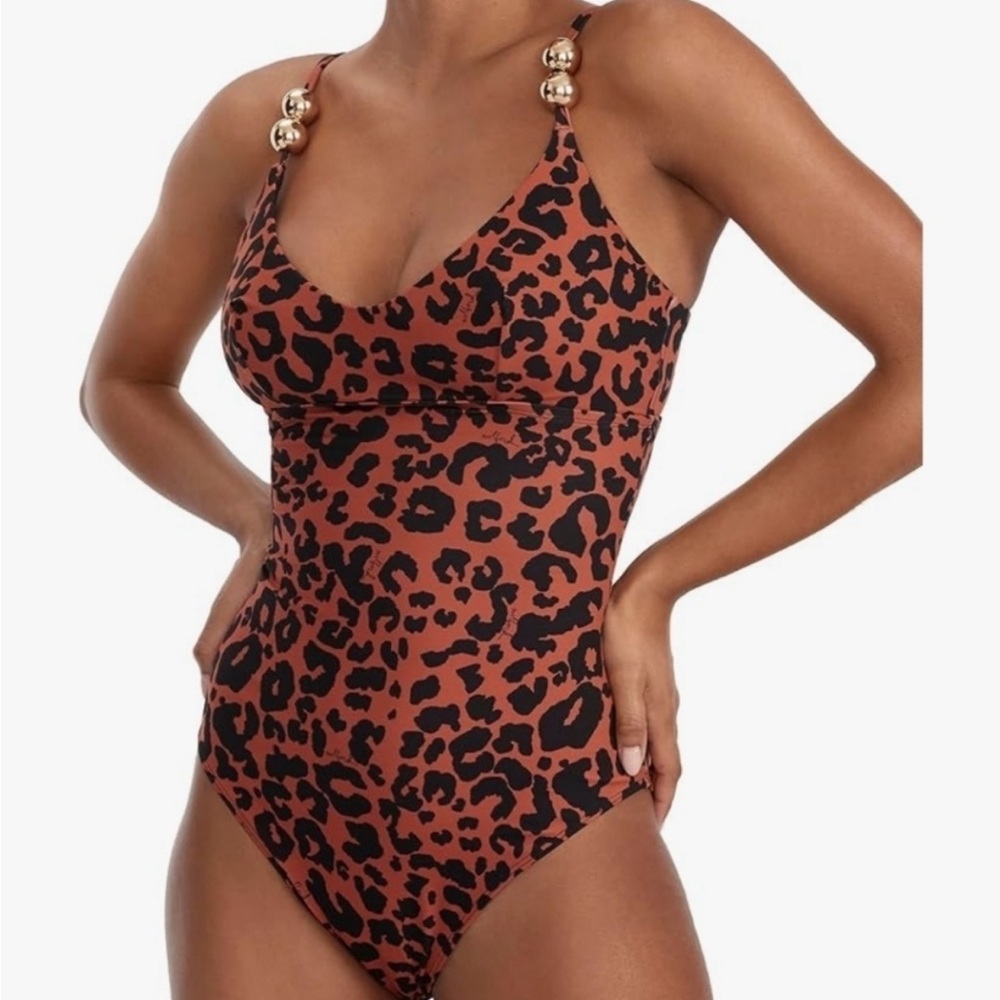 $300 Wolford Bronze Print One Piece Swimsuit NWT XS push up effect, gold details